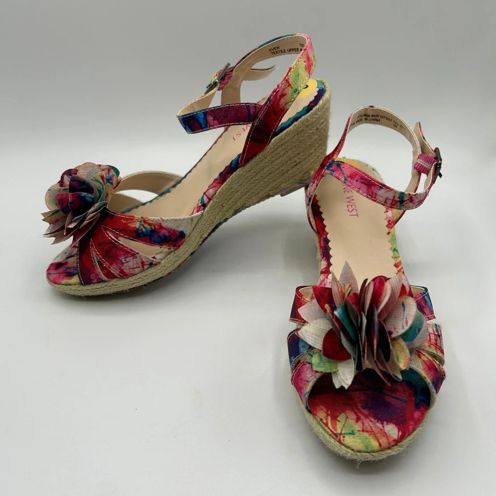 Nine West Girls Even Tie Dye Colorful Floral Wedge Sandals 3M with Box Summer